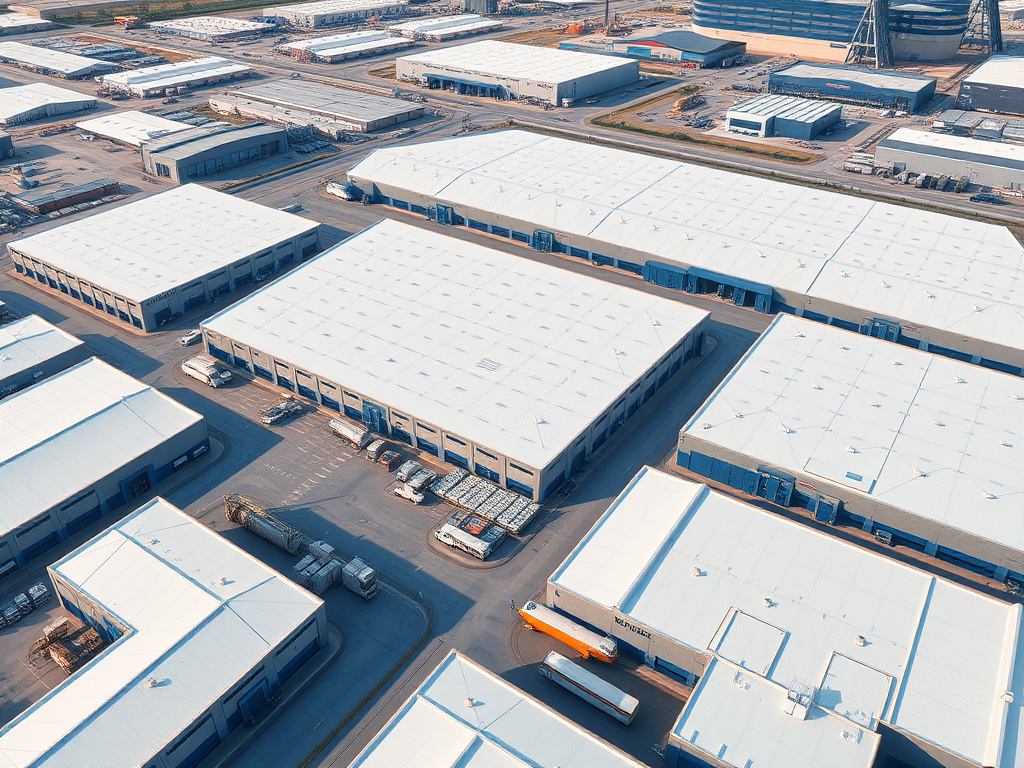 Aerial view of a warehouse complex with coated commercial roofs