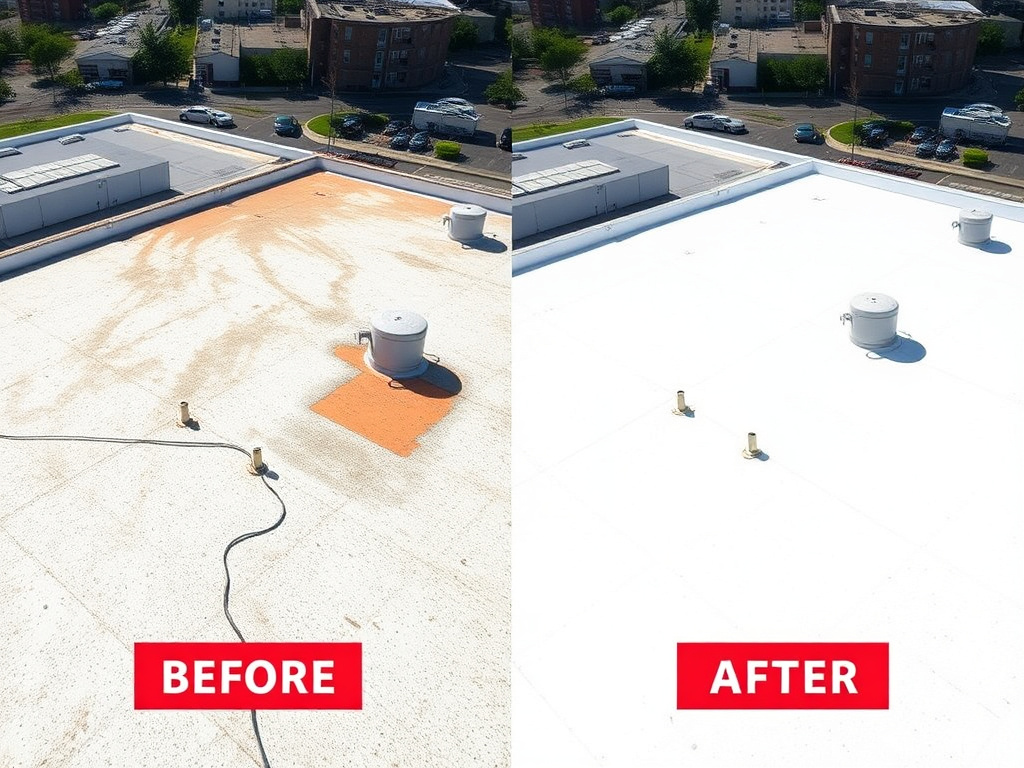Aging commercial roof being restored with spray foam instead of tear-off
